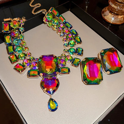 FYUAN Fashion Colorful Square Crystal Necklace Earrings For Women Party Wedding Jewelry Sets Accessories