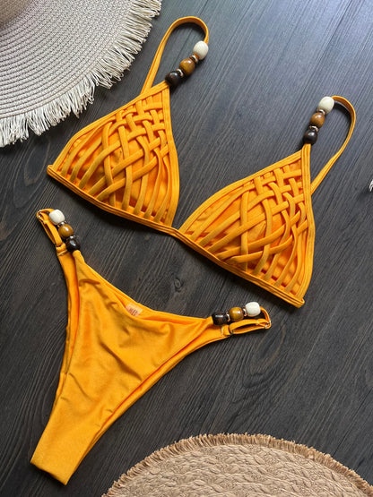 Sexy Brown Bikini Set 2026 Women Pearls Strap Hole Out Push Up Bra Thong Swimsuit Brazilian Beach Bathing Suit Micro Swimwear