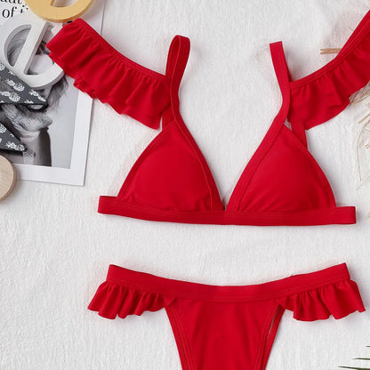 2026 Sexy Bikini Women Swimwear Swimsuit Red Ruffled Triangle Bikinis Set Bathing Suit Beach Bikini Female Trajes De Bano Mujer
