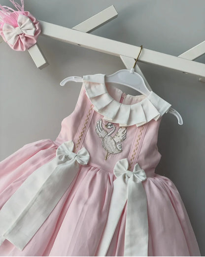 0-12Y Baby Girl Summer Goose Embroidery Pink Vintage Princess Ball Gown Dress for Party Eid Birthday Photography Casual  B96
