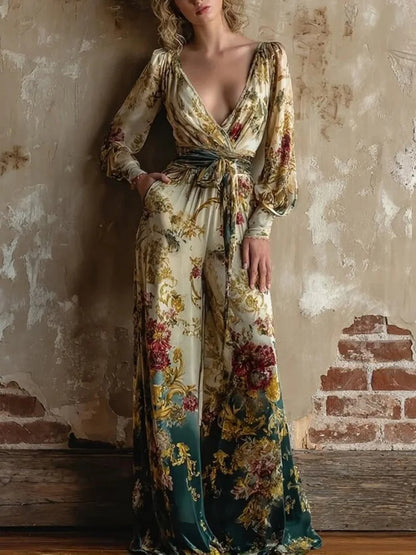 Women's Vintage Print Jumpsuits Fashion Sexy V-neck High Waist Leace-up Wide Legs Jumpsuit Lady Commuting Clothing 2026 New