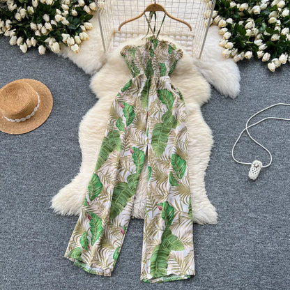 2024 New Summer Sexy Bohemian Leaf Print Jumpsuits Women Sleeveless Sexy Long Jumpsuit Mujer Casual Holiday Beach Rompers