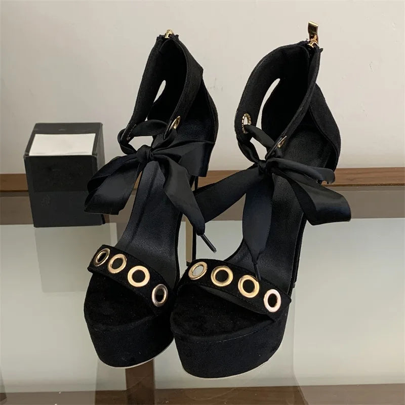 Eilyken New Fashion Hollow Out Lace-up Zipper Women Sandals Sexy Super Stiletto High Heels Carnival Striptease Shoes