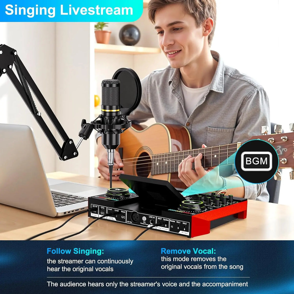 Tenlamp Plug And Play Podcast Equipment Bundle with Professional Chipset, G10 Live Streaming Audio Interface for Laptop PC, Voice Changer Denoise Reverb Sound Board Kit for Gaming Singing Vlog Living Broadcast Recording