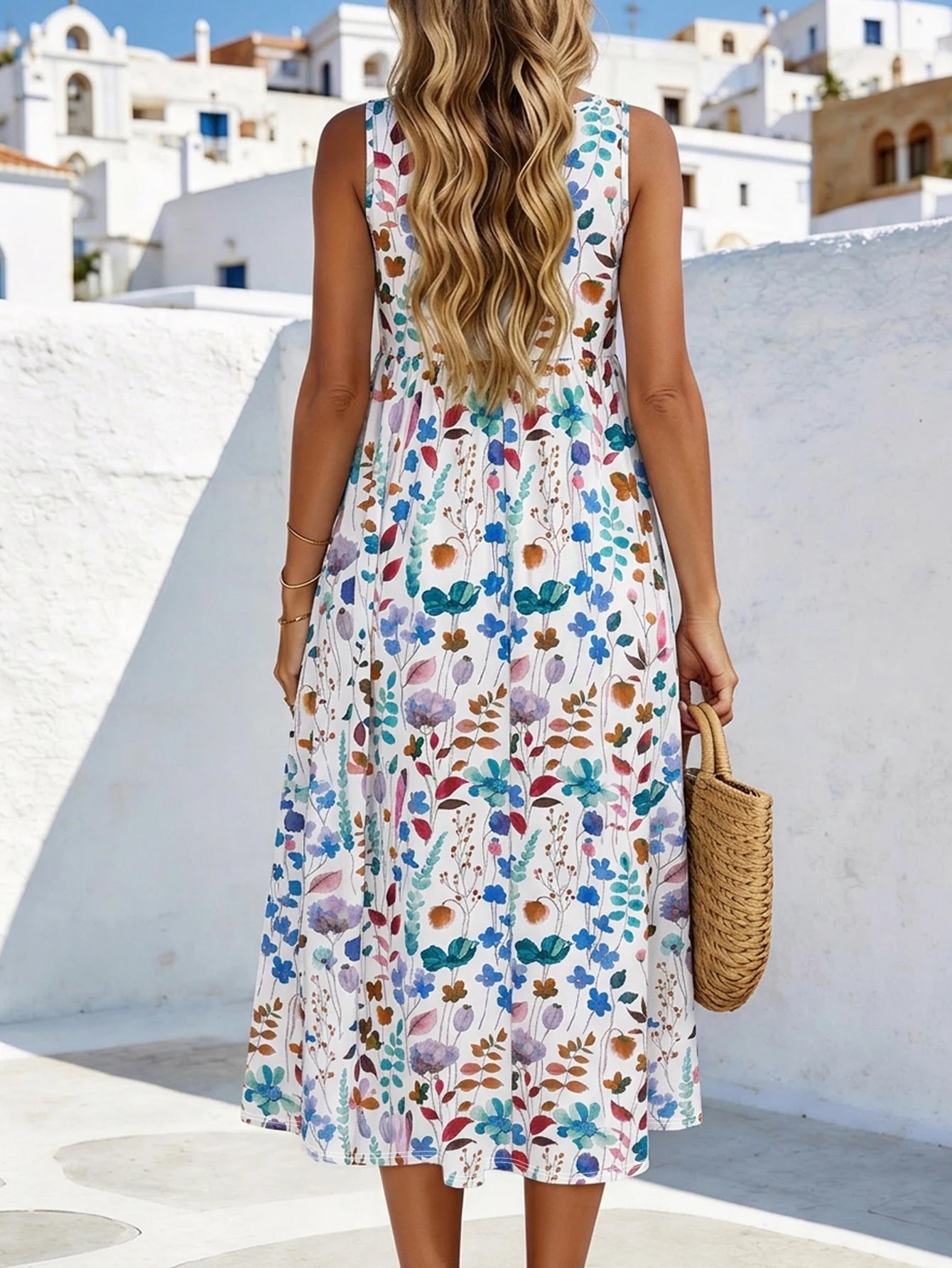 Women's Watercolor Floral Print Sleeveless Midi Dress Summer Casual Round Neck A Line Flowy Sundress