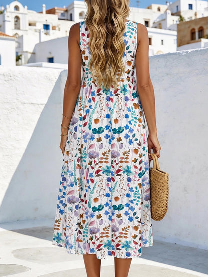Women's Watercolor Floral Print Sleeveless Midi Dress Summer Casual Round Neck A Line Flowy Sundress