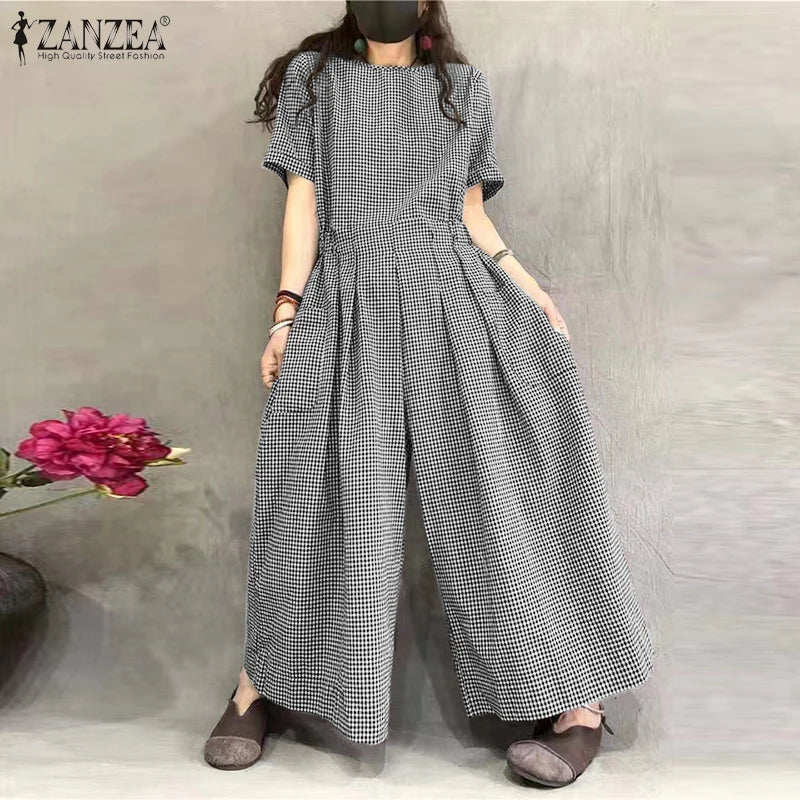 ZANZEA Short Sleeve Checked Wide Leg Overalls Pleated Waist O Neck Loose Casual Gingham Jumpsuits 2024 Fashion Women Long Romper