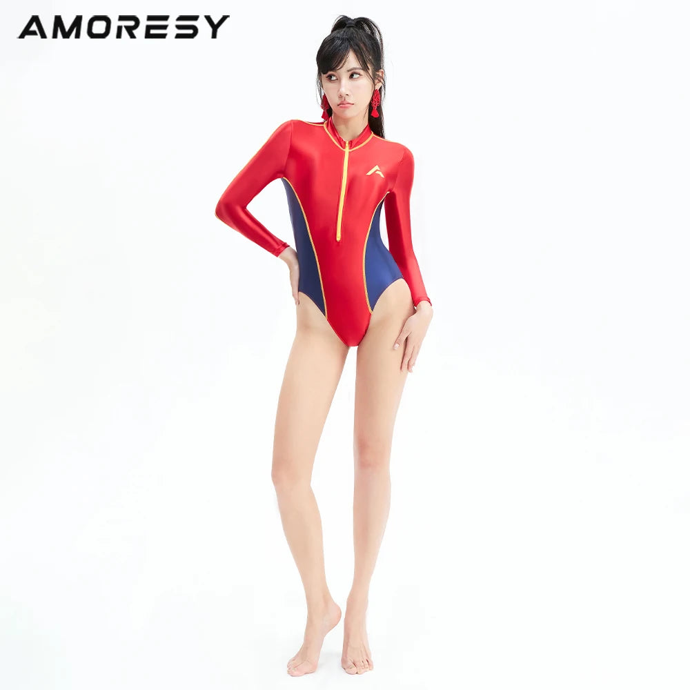 AMORESY Women High-waisted Satin Smooth Swimming Tights Long Sleeve Patchwork Surfing Leotards Front Zipper One Piece Swimsuits