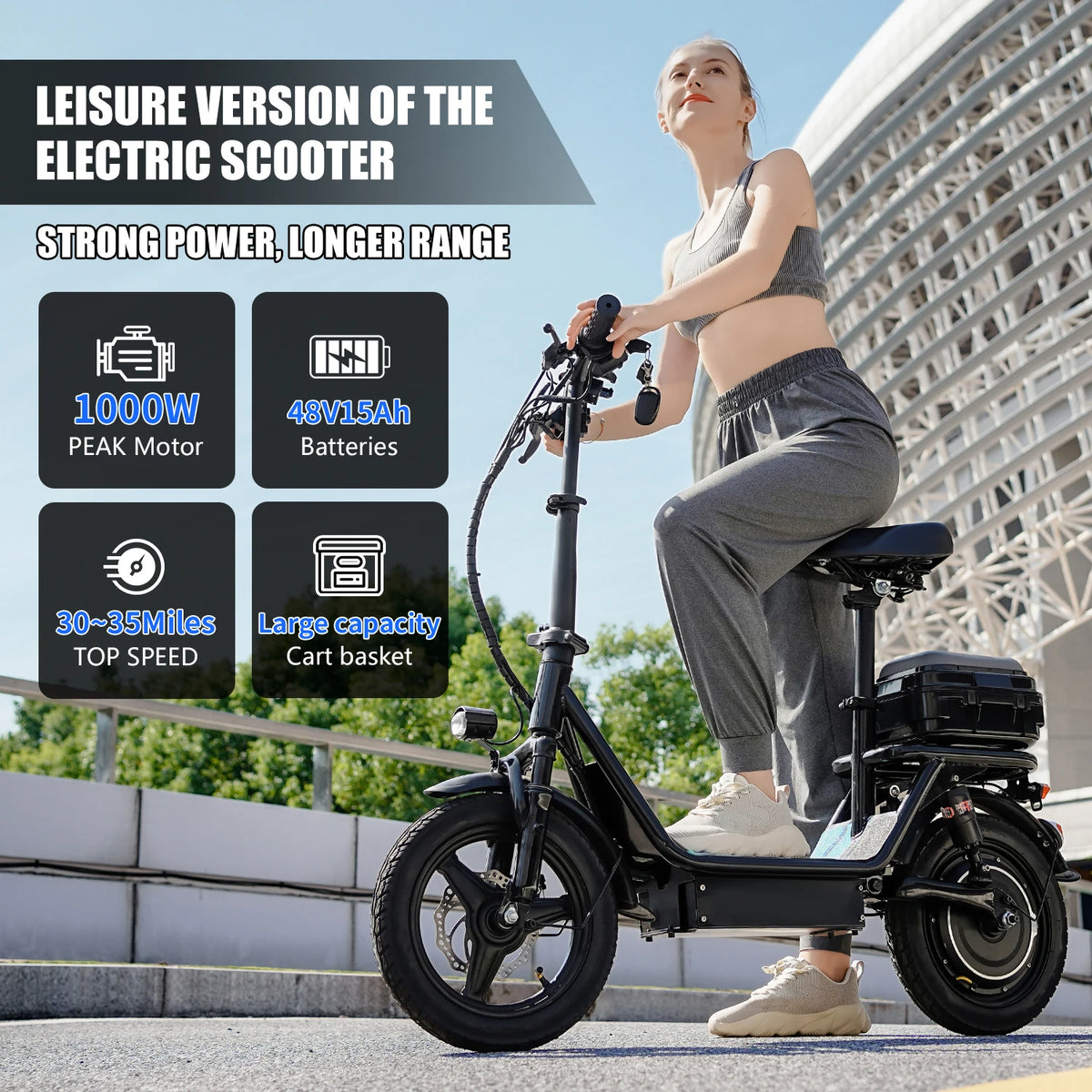 ASKGO Adult Electric Scooter with Detachable Seat, 14" Tires, 1000W Peak Power, Max 25MPH, 35 Miles Range, 48V 15Ah Battery, Full Suspension, Waterproof Rear Storage Box for Urban Travel