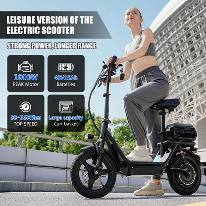ASKGO Adult Electric Scooter with Detachable Seat, 14" Tires, 1000W Peak Power, Max 25MPH, 35 Miles Range, 48V 15Ah Battery, Full Suspension, Waterproof Rear Storage Box for Urban Travel