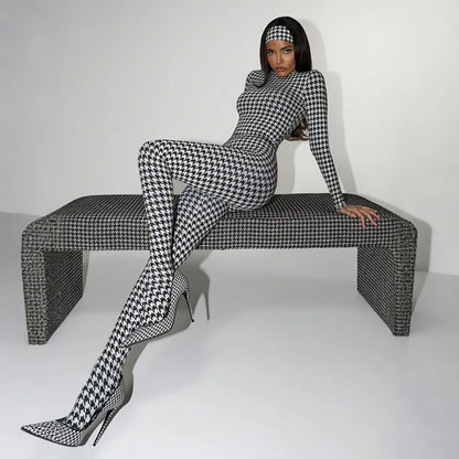 FLARORA Trend Print Foot Jumpsuits Woman Round Neck Long Sleeve Zip Skinny One Piece Overalls Street Stretch Clubwear 2025 New