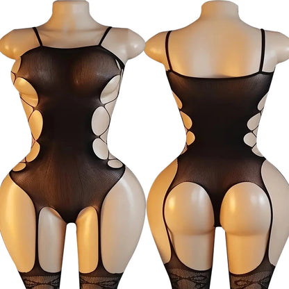 High Neck Fishnet Hollow Bodysuits For Women Sexy Long Sleeve Crotchless Jumpsuits Erotic Outfits Mesh See Through Teddy Rompers