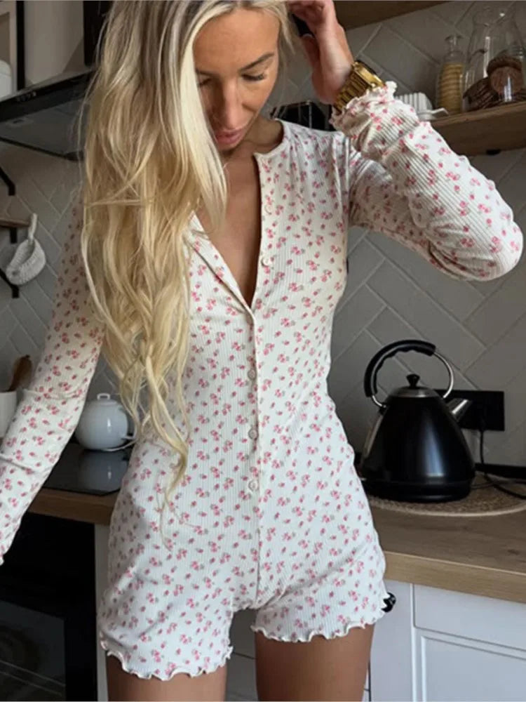 Women's Clothing Long Sleeve Floral Printed Jumpsuit Sexy Slim Home Wear Pajamas Fashion Round Simple Style Comfortable Trendy