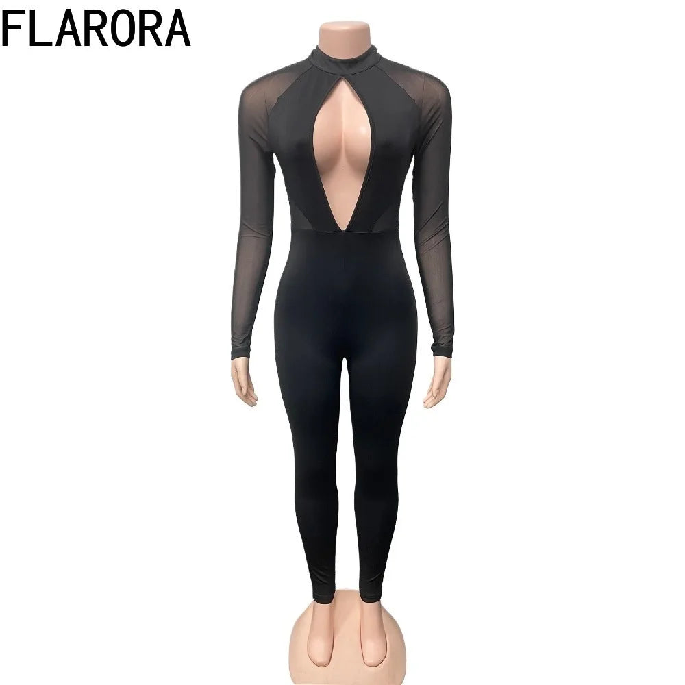 FLARORA Sexy Mesh Patchwork See Through Jumpsuits Woman Long Sleeve Hollow Out Backless Slim Jumpsuit Midnight Party Clubwear