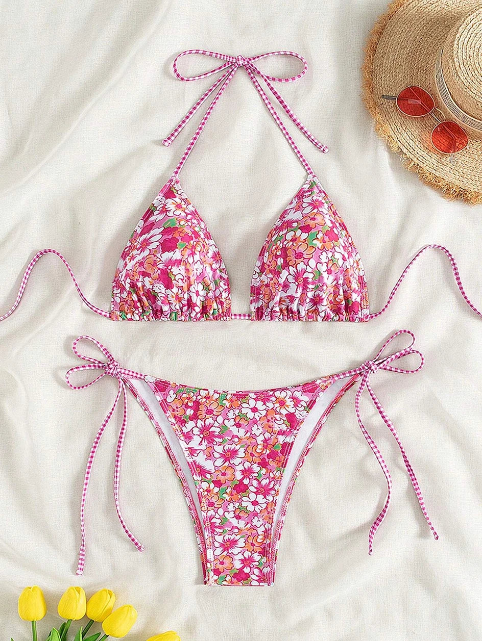 Swimsuit 2026 Female Micro Bikini Women Swimwear Summer Beachwear Women's Bathing Suit Floral Print Neck Halter Thong Bikini Set