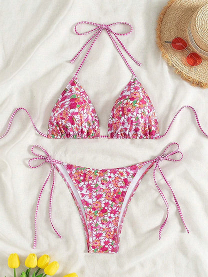 Swimsuit 2026 Female Micro Bikini Women Swimwear Summer Beachwear Women's Bathing Suit Floral Print Neck Halter Thong Bikini Set