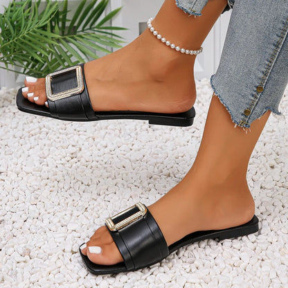 Women's Flat Slippers Summer Leather Square Toe Women Flats Flip Flops Designer Ladies Slides Sandals Women Shoes Luxury Sandals