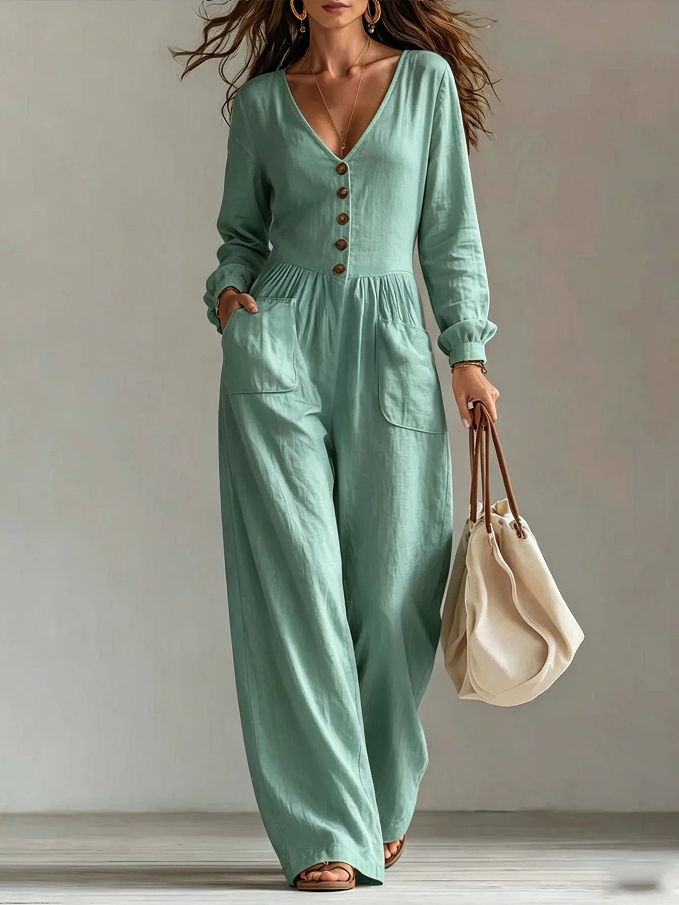 Women White Jumpsuit Deep V Neck Long Sleeve Button Front Wide Leg Rompers Casual Loose Pockets Overalls Vacation Beach Outfit