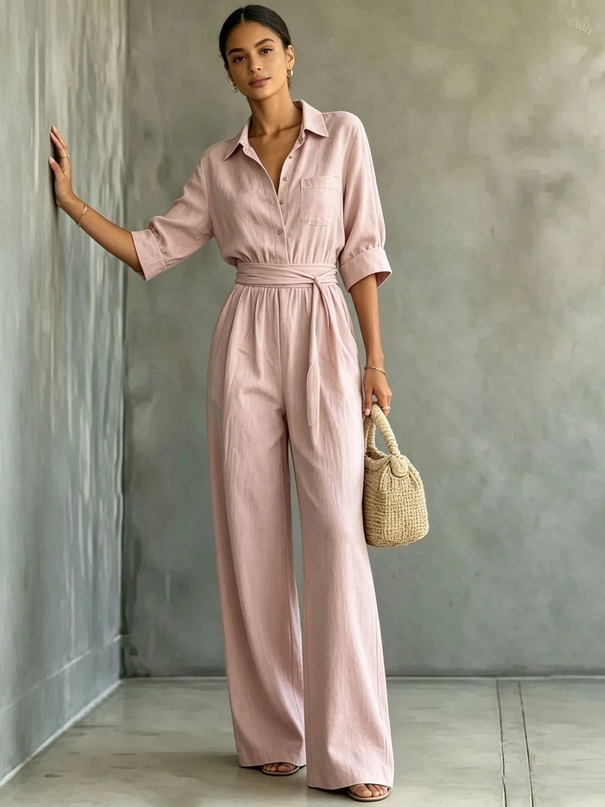 Women's Mid-sleeve Shirts Jumpsuits Spring Summer New 2026 New Fashion Elegant Waisted Lace-up Wide-leg Trousers Female Rompers