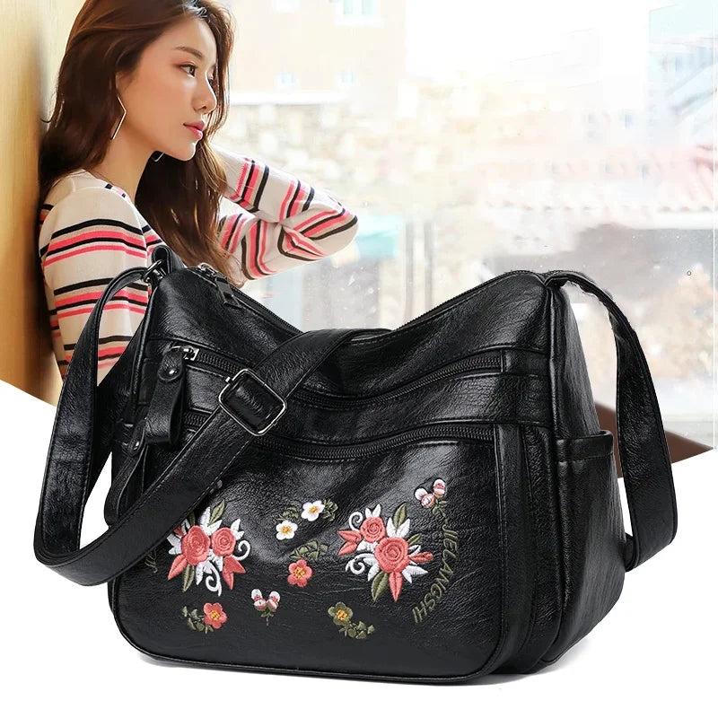 Embroidery Flowers Shoulder Messenger Bag Female Handbags Luxury Designer Purses Soft PU Leather Crossbody Women's Evening Bag