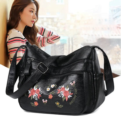 Embroidery Flowers Shoulder Messenger Bag Female Handbags Luxury Designer Purses Soft PU Leather Crossbody Women's Evening Bag
