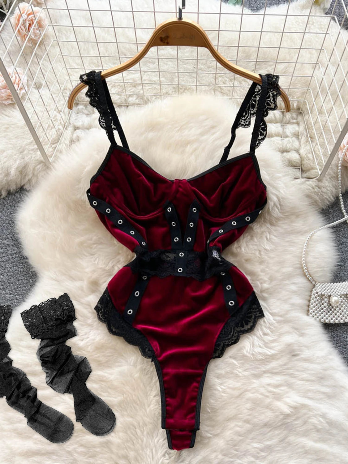 Coquette Lace Lingerie Set Sexy Mesh Bodysuit Valentines Day Sleepwear Gothic Strappy Catsuit Intimate Nightwear Romper