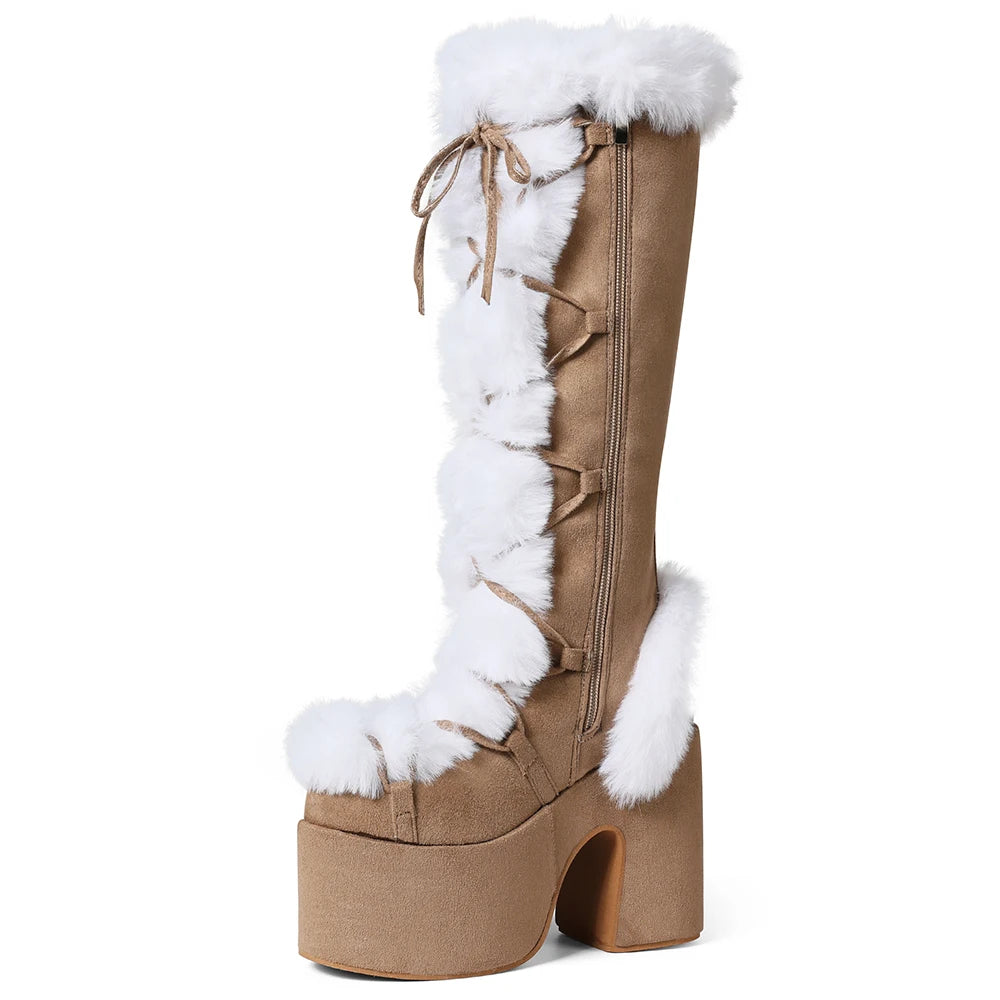 Women's Faux Fur Trim Platform Knee High Boots, Y2K Goth Lace Up Chunky Heel Tall Winter Boots, Suede Warm Cosplay Lolita Combat Snow Boots for Party Daily Wear