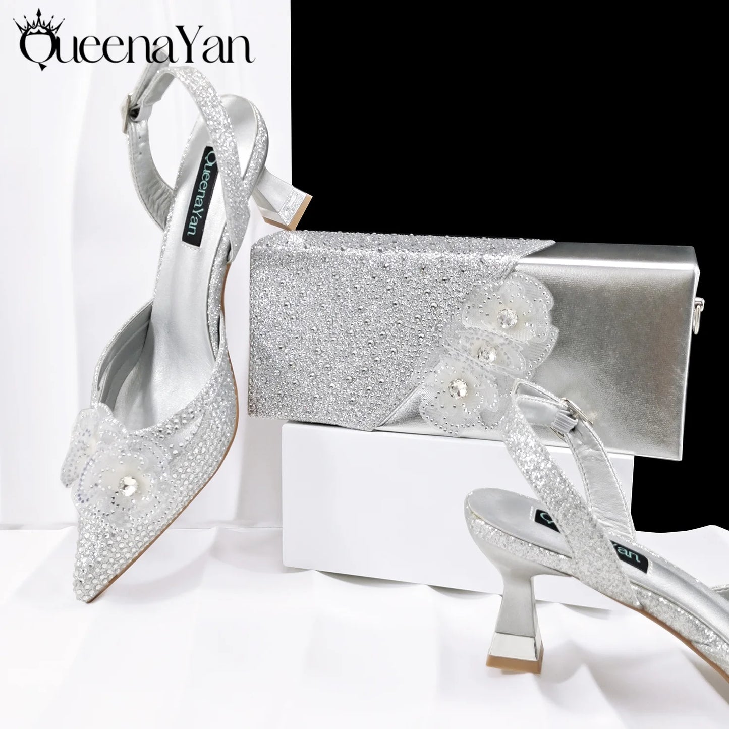 QueenaYan Elegant African-Inspired Evening Shoes and Handmade Clutch Set Pointed Toe High-Heel Women's Footwear and Matching Bag