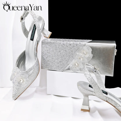 QueenaYan Elegant African-Inspired Evening Shoes and Handmade Clutch Set Pointed Toe High-Heel Women's Footwear and Matching Bag