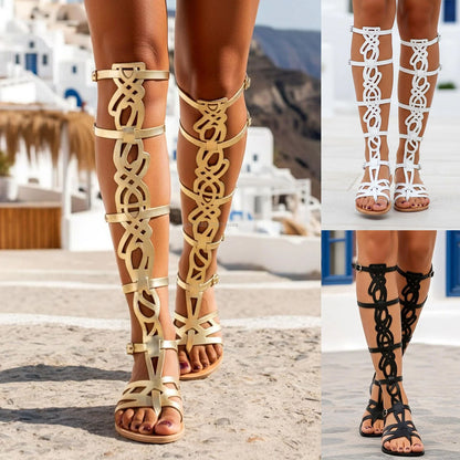 Women Hollow Out Multi Buckle Strap Flat Open Toe Shoes Greek Style Knee High Gladiator Sandals Summer Vacation Festival Sandal