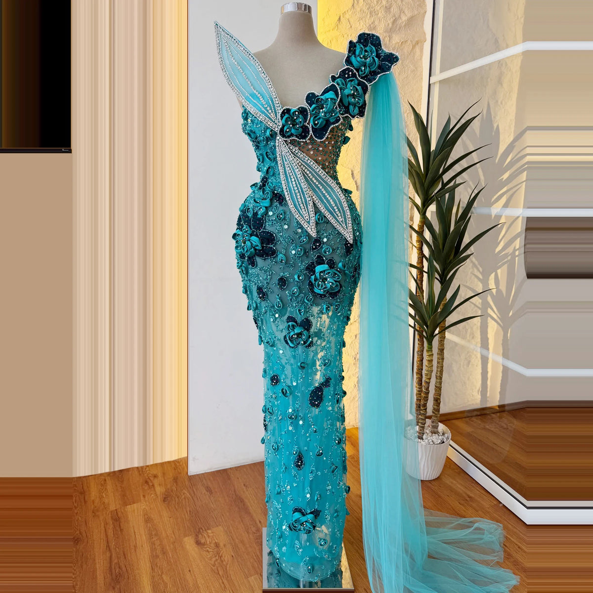 Evening Dresses 3D Floral Appliques Flower Mermaid Dress Design Leaf Rhinestone Dresses Tulle Dresses with Trains Party Dresses