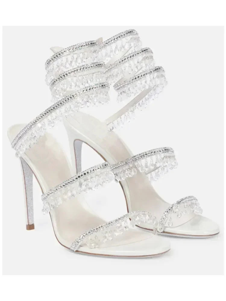 2026Women's New Water Diamond Sandals Fashion Tassel Crystal Shoes Sexy Banquet Party Twin Stiletto Women's Large Sandals