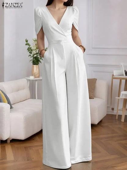 2025 ZANZEA Fashion Summer Women Party Jumpsuits Short Sleeve V-Neck Casual Rompers Playsuits Solid Elegant Pockets Streetwear