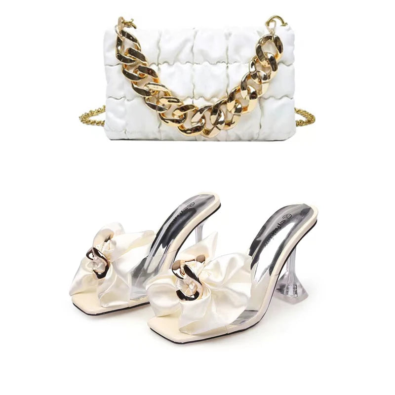 2026 New Style Designer Luxury Ladies Slippers Shoes Bag Set High Quality Women Pumps Chain Sandals Shoes Purse Set Black Heels