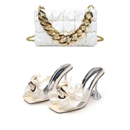 2026 New Style Designer Luxury Ladies Slippers Shoes Bag Set High Quality Women Pumps Chain Sandals Shoes Purse Set Black Heels
