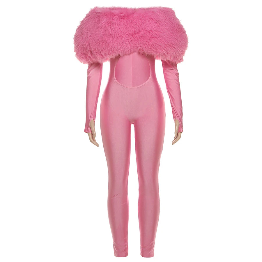 Weird Puss Furry Slash Neck Jumpsuits Woman Luxury Hipster Patchwork Trend Sexy Hollow Stretch Fitness Club Activity Overalls