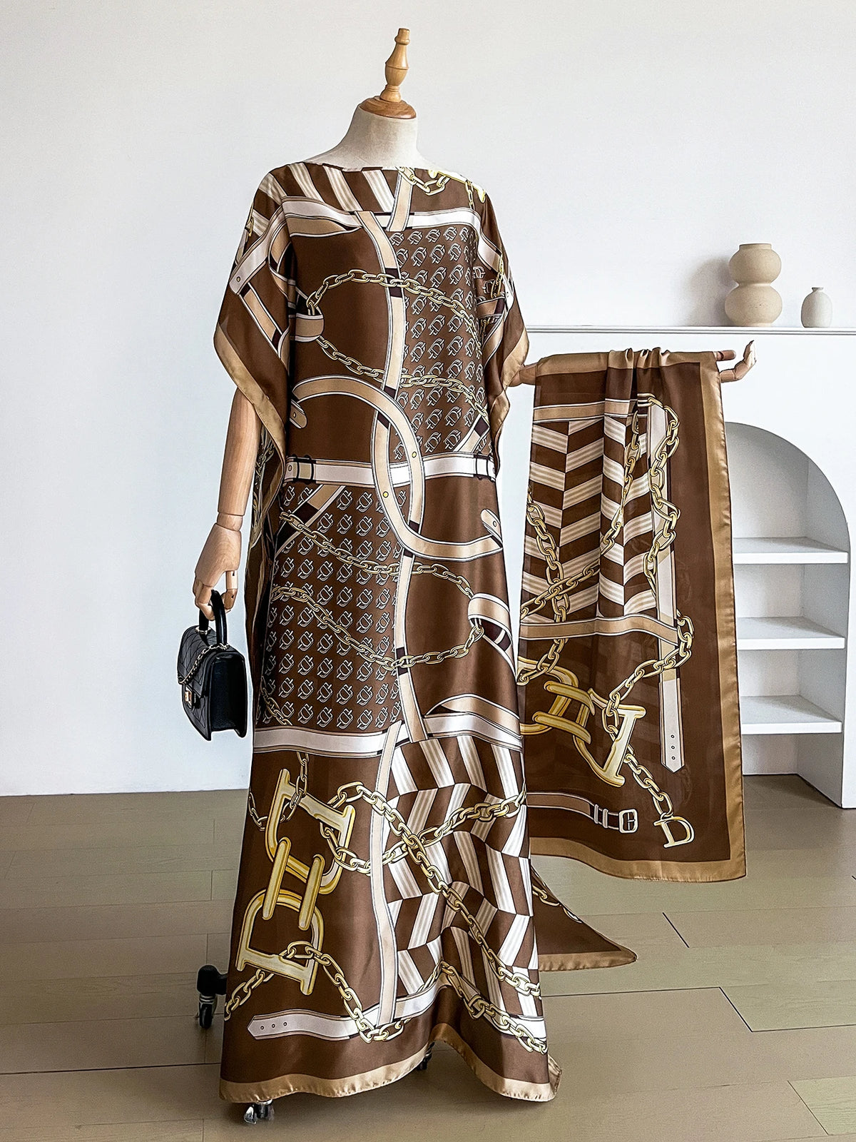 Popular Chain Print Boat Neck Modest Dress Elegant Batwing Sleeve Loose Maxi Dress With Hijab African Women's Clothing