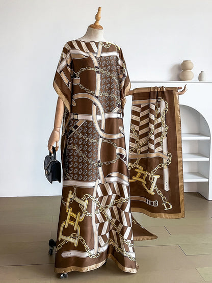 Popular Chain Print Boat Neck Modest Dress Elegant Batwing Sleeve Loose Maxi Dress With Hijab African Women's Clothing