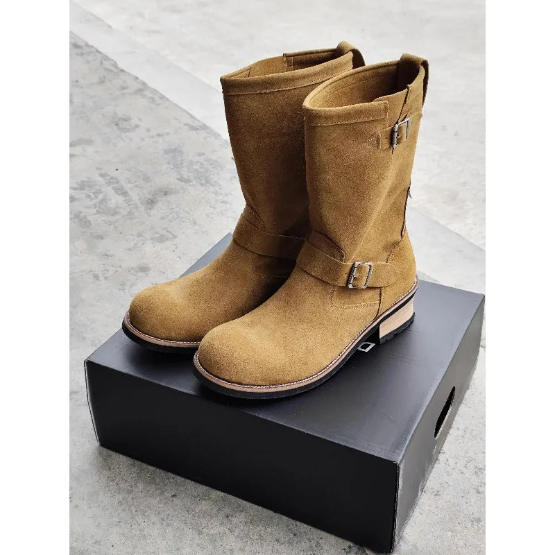 New Men'S PU Leather Boots Men'S Leather Round Middle Top Boots Flat Bottomed Boots Men'S Retro Trendy Leather Shoes