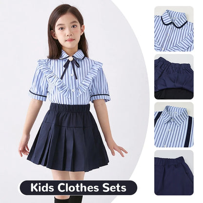 3 Pcs/set British Style Children Summer School Uniform Student Girl Pleated Skirts JK Suit Boys Shirt Shorts Performance Costume