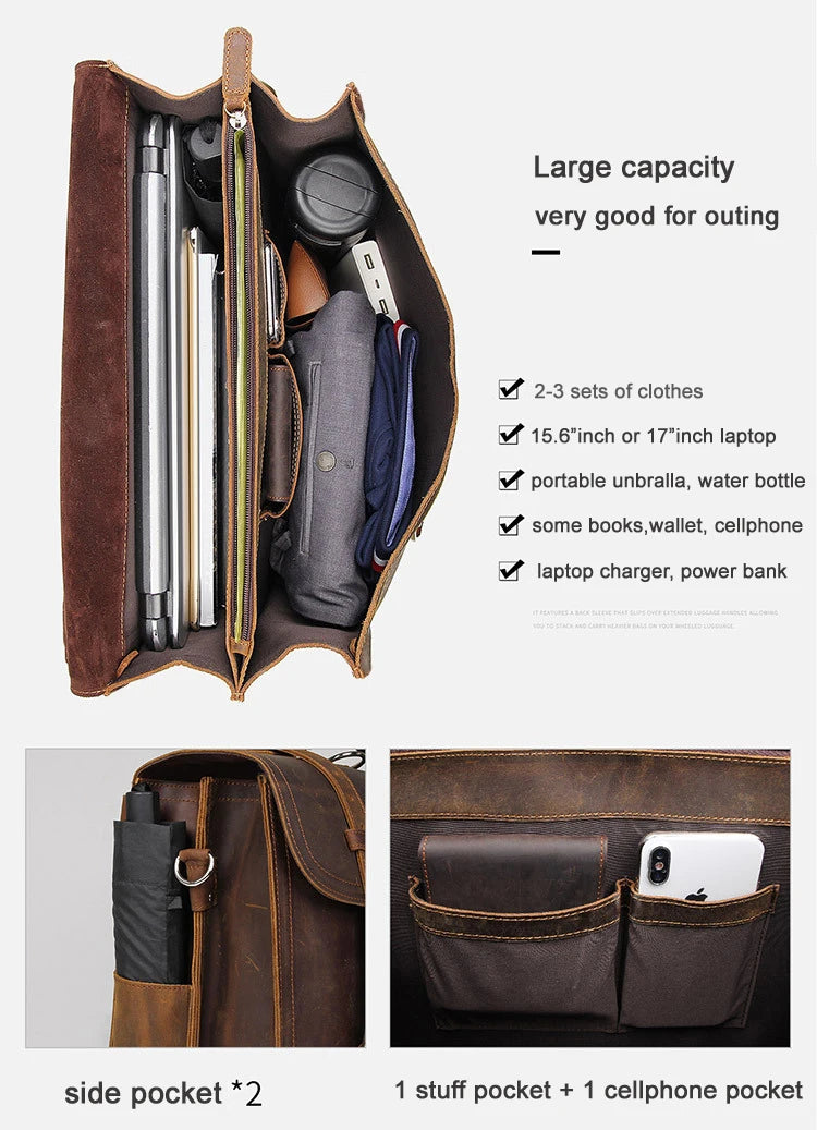 Vintage Crazy Horse Genuine Leather Men Briefcase Large Business Bag Tote Office Bag 15.6“Laptop Case Attache Male Shoulder Bag
