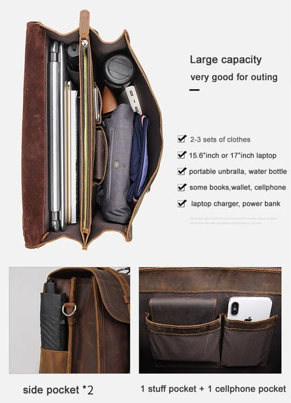 Vintage Crazy Horse Genuine Leather Men Briefcase Large Business Bag Tote Office Bag 15.6“Laptop Case Attache Male Shoulder Bag