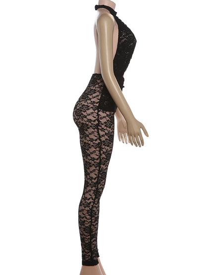 Weird Puss Sexy Jacquard Jumpsuit Women Backless Hollow Halter Trend Sleeveless Stretch Midnight Clubwear Patchwork Overalls