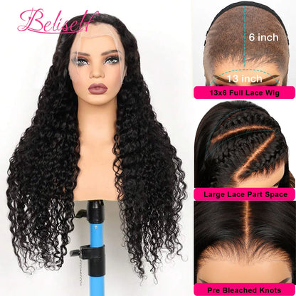 Water Wave 13x6 HD Lace Frontal Wig 250 Density Curly HD Lace Wig 13x6 Human Hair Pre Plucked Wet and Wavy Wigs Beliself
