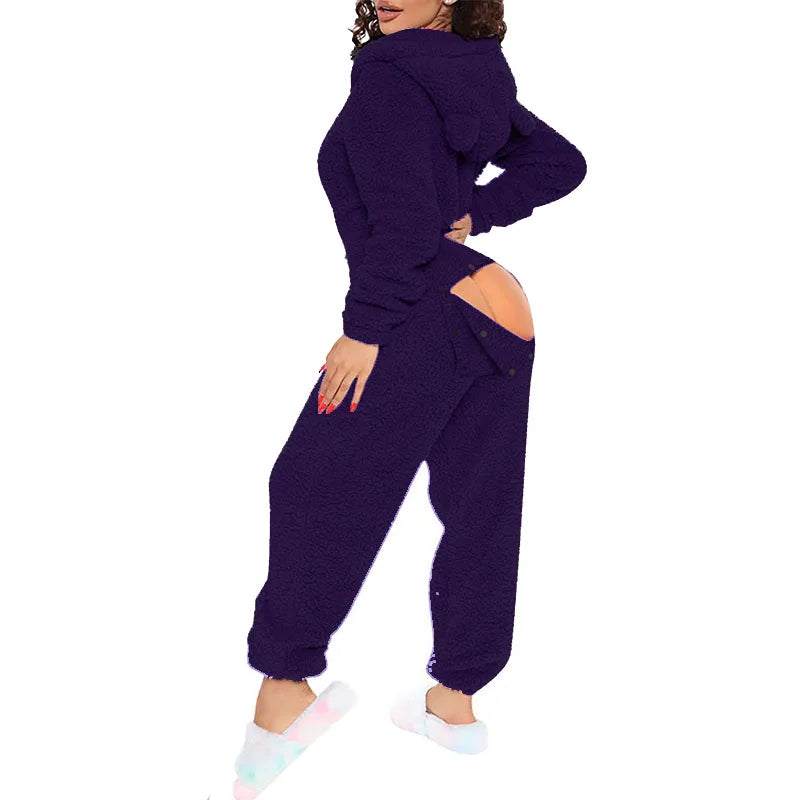 Sexy Cute Plush Autumn Winter Long Sleeve Hooded Romper Back Butt Bum Open Ass Flap Plush Jumpsuit Women Thick Sleepwear