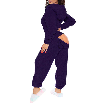 Sexy Cute Plush Autumn Winter Long Sleeve Hooded Romper Back Butt Bum Open Ass Flap Plush Jumpsuit Women Thick Sleepwear