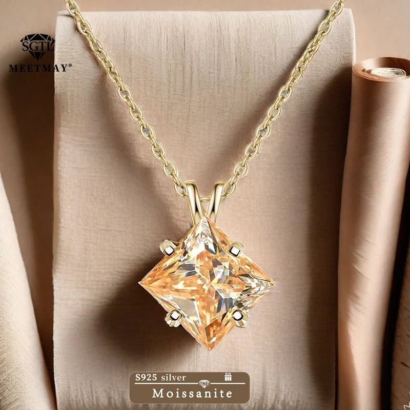 BOCARMAN S925 Sterling Silver Necklace with Colorful Princess Cut Moissanite Inlay Clavicle Chain Pendant for Women Gift