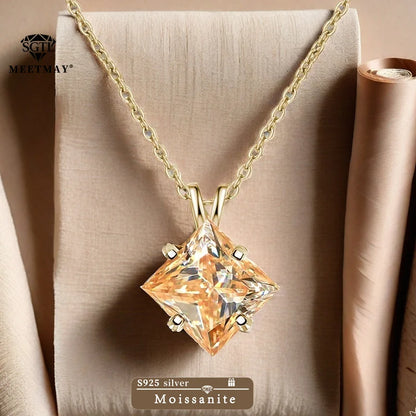 BOCARMAN S925 Sterling Silver Necklace with Colorful Princess Cut Moissanite Inlay Clavicle Chain Pendant for Women Gift