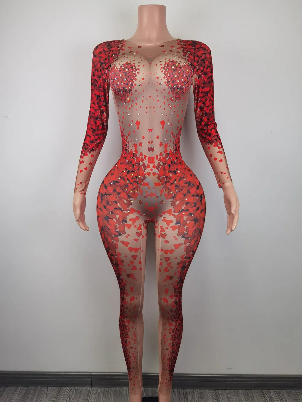 Designer Long Sleeves Love Print Rhinestone Jumpsuits Women Gogo Dancer Costumes Club Bodycon Rompers Drag Queen Show Jumpsuits