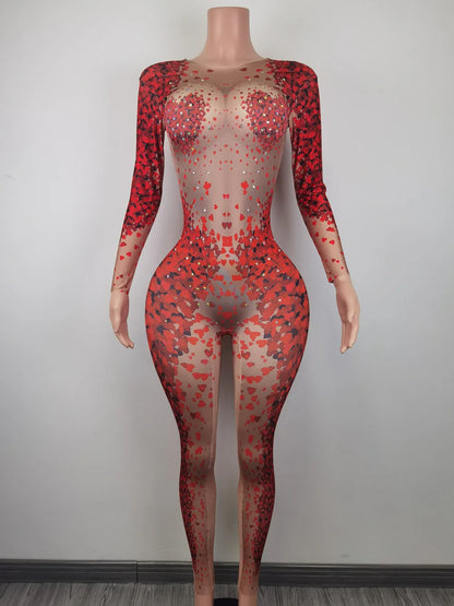 Designer Long Sleeves Love Print Rhinestone Jumpsuits Women Gogo Dancer Costumes Club Bodycon Rompers Drag Queen Show Jumpsuits